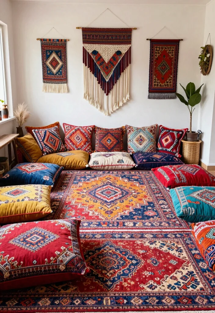 15 Floor Sofa Living Room Ideas for Casual Minimal Comfort - 2. Bohemian Vibes with Layered Textiles 1