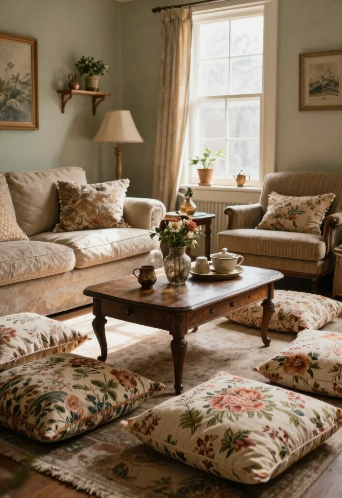 15 Floor Sofa Living Room Ideas for Casual Minimal Comfort - 6. Vintage Charm with Floor Cushions 1