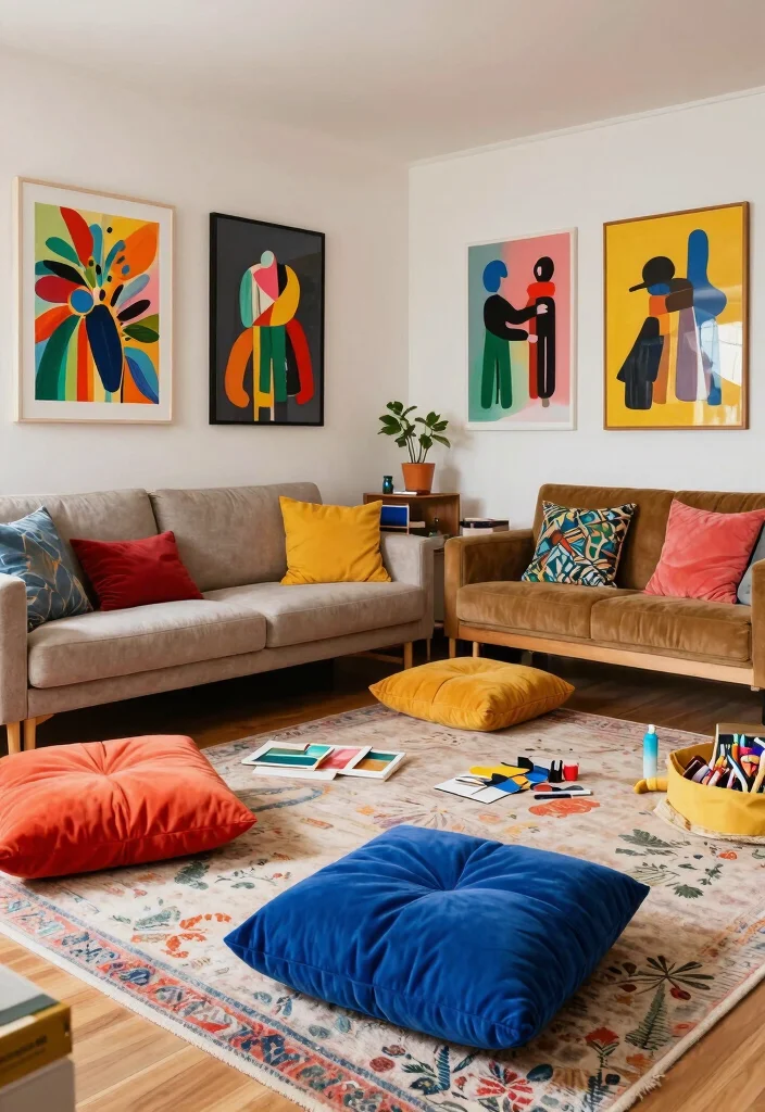 15 Floor Sofa Living Room Ideas for Casual Minimal Comfort - 8. Artistic Floor Lounge 1