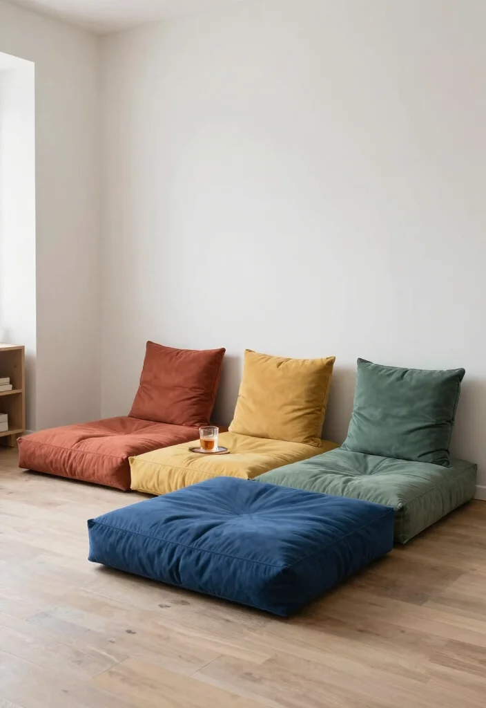 15 Floor Sofa Living Room Ideas for Casual Minimal Comfort - 9. Multi-Functional Floor Seating 1