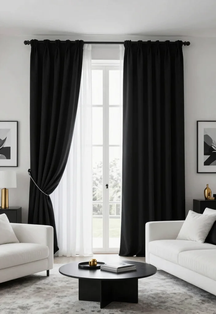 15 Half Curtains Living Room Ideas Light Casual Charm - 12. Minimalist Black and White 1