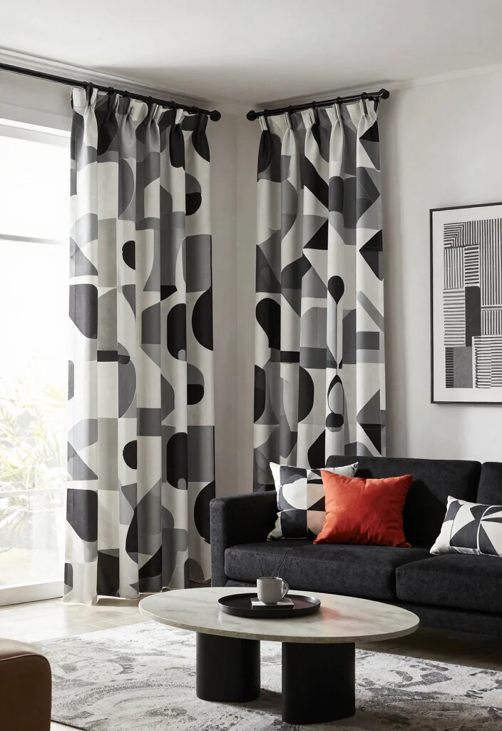 15 Half Curtains Living Room Ideas Light Casual Charm - 9. Geometric Designs 1