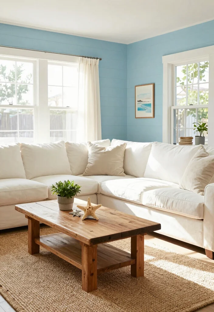 15 Light Blue Accent Wall Living Room Ideas: Soft, Airy Touch - 1. Coastal Charm with White Shiplap 1