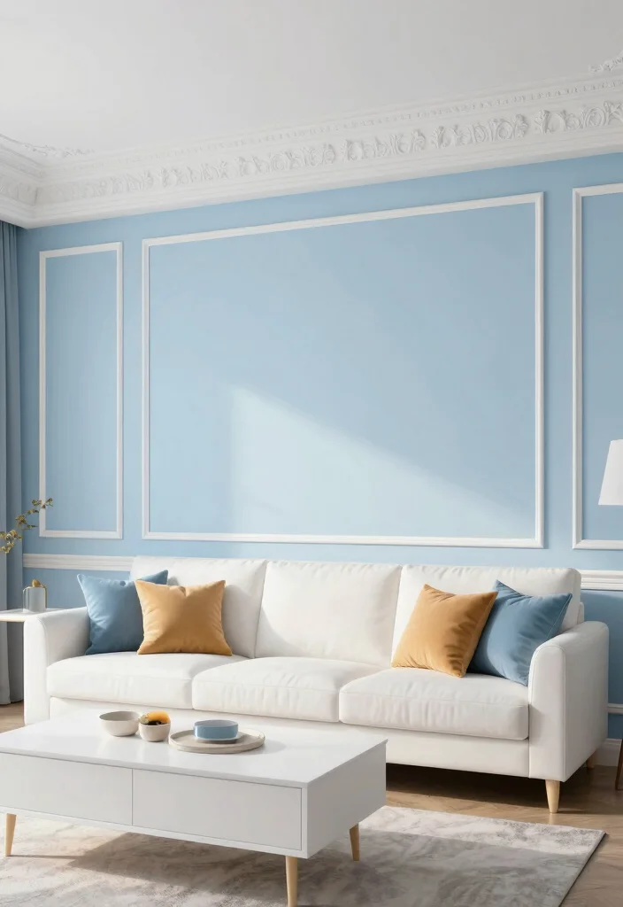 15 Light Blue Accent Wall Living Room Ideas: Soft, Airy Touch - 10. Bright White Trim and Molding 1