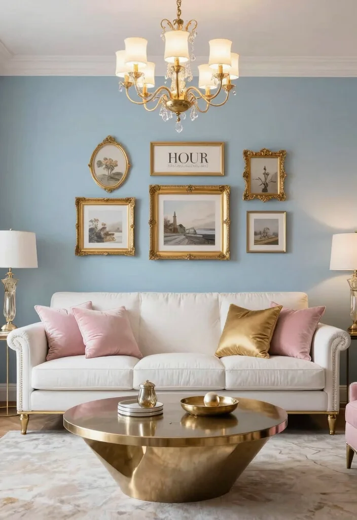 15 Light Blue Accent Wall Living Room Ideas: Soft, Airy Touch - 11. Soft Glam with Metallic Accents 1