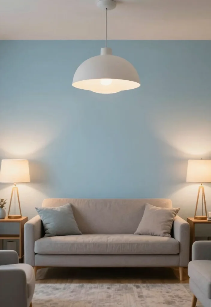 15 Light Blue Accent Wall Living Room Ideas: Soft, Airy Touch - 13. Layered Lighting for Ambiance 1