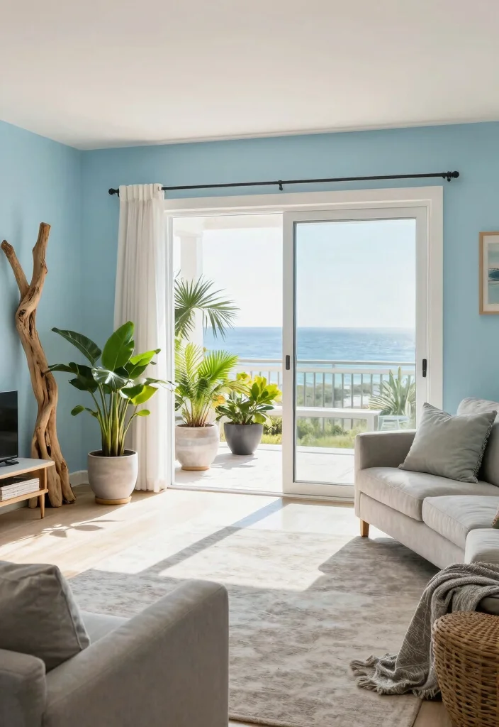 15 Light Blue Accent Wall Living Room Ideas: Soft, Airy Touch - 14. Indoor-Outdoor Flow 1