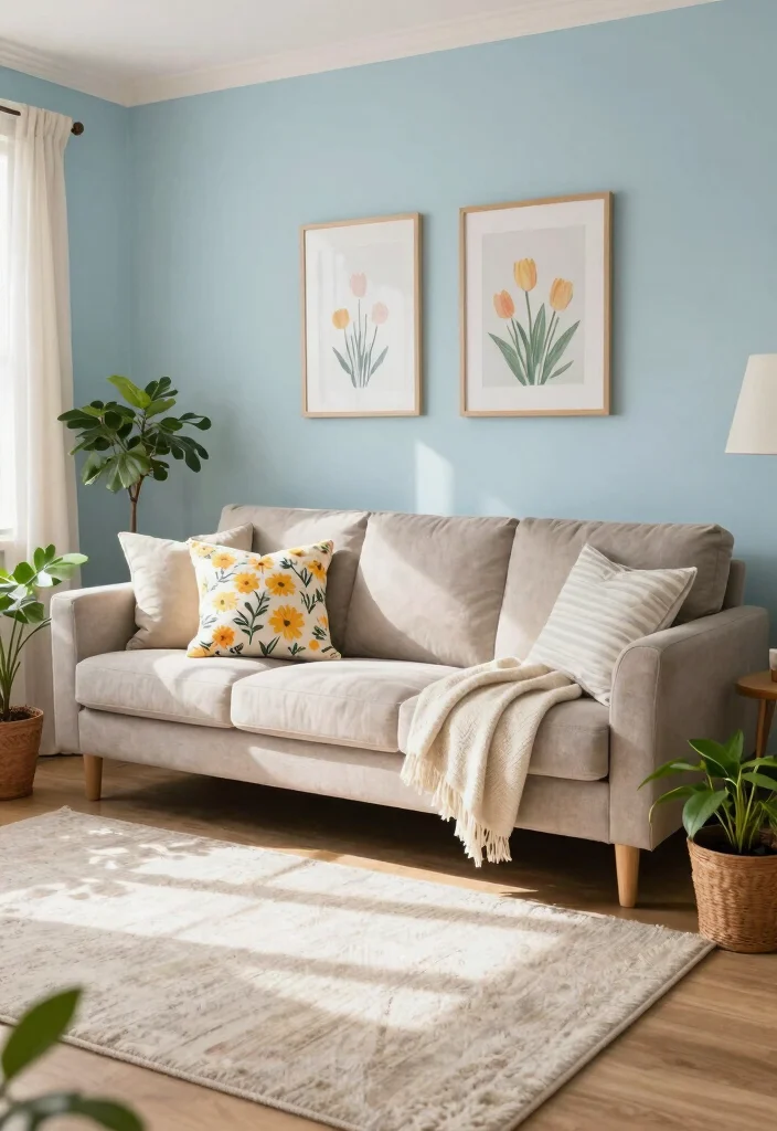 15 Light Blue Accent Wall Living Room Ideas: Soft, Airy Touch - 15. Seasonal Decor Updates 1