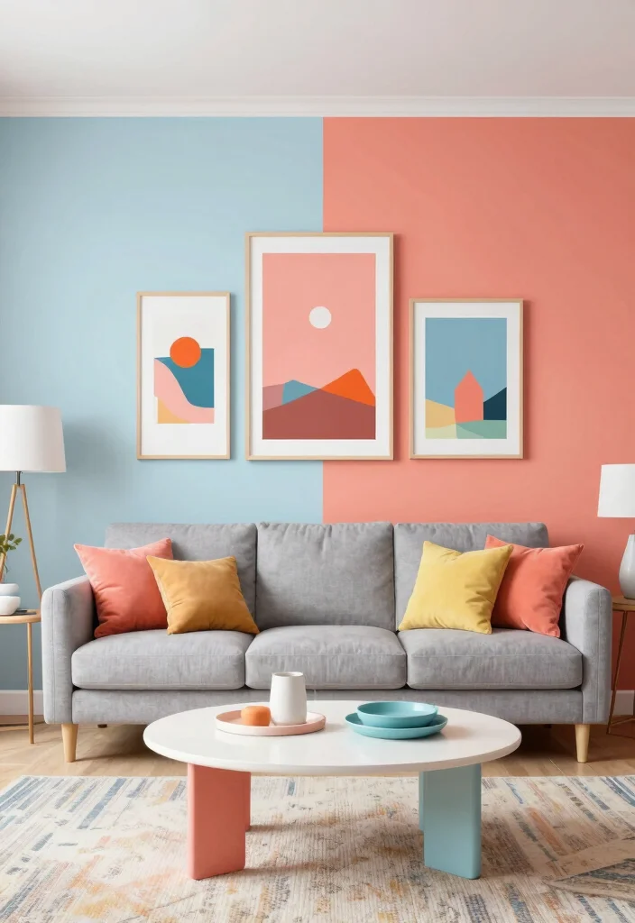 15 Light Blue Accent Wall Living Room Ideas: Soft, Airy Touch - 3. Color Blocking with Bold Accents 1