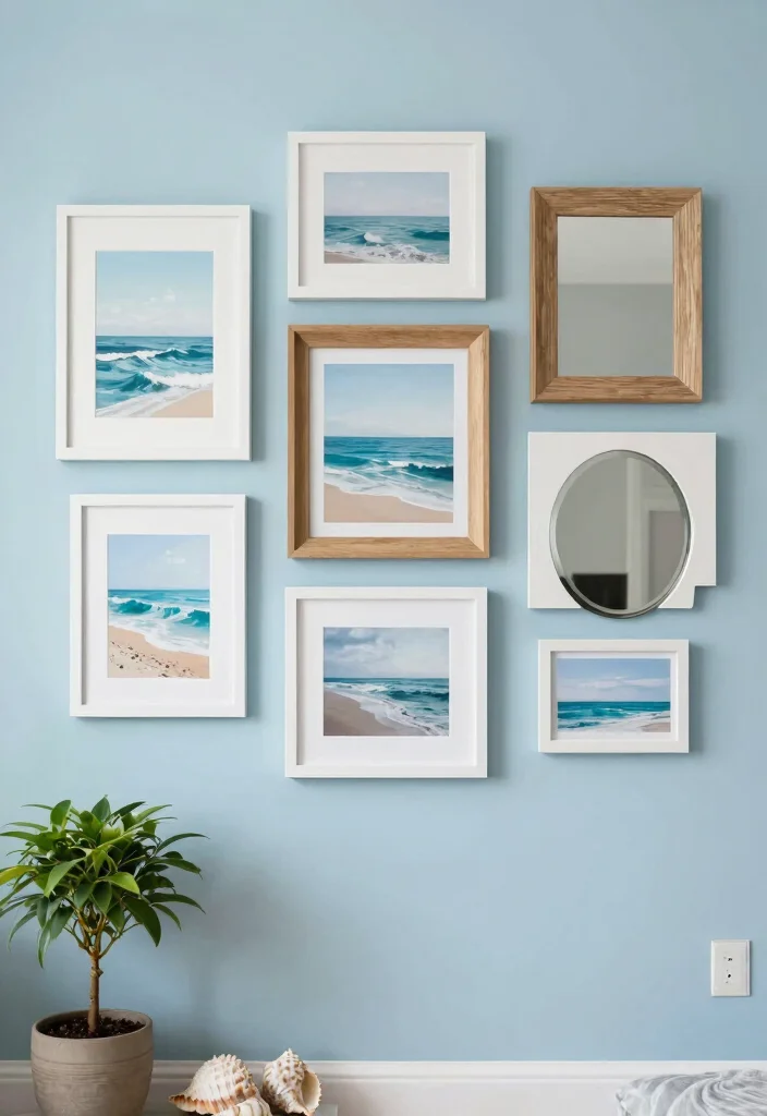 15 Light Blue Accent Wall Living Room Ideas: Soft, Airy Touch - 5. Coastal Gallery Wall 1