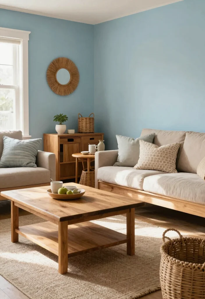 15 Light Blue Accent Wall Living Room Ideas: Soft, Airy Touch - 7. Light Blue and Natural Wood 1