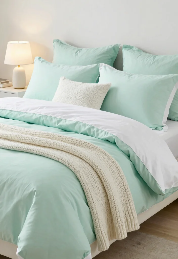 15 Mint Green Bedroom Ideas Fresh Soft Style - 2. Layered Textiles in Mint and White 1