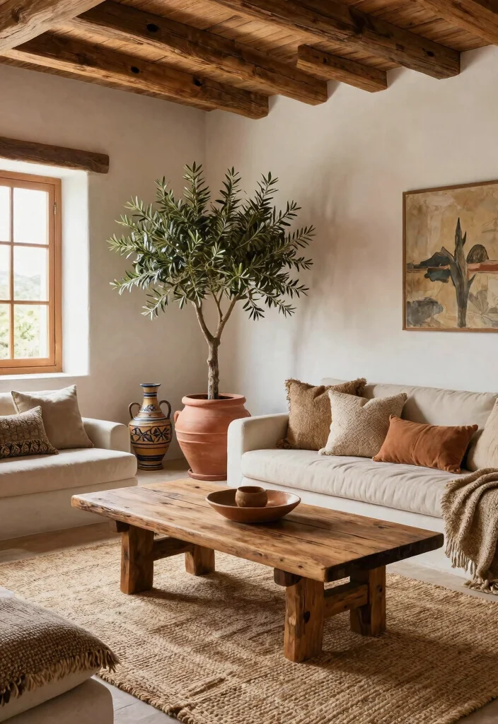 15 Olive Tree Living Room Decor Ideas: Calm Mediterranean Touch - 1. Embrace a Rustic Mediterranean Vibe 1
