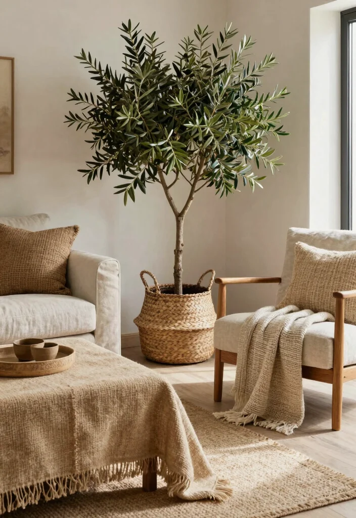 15 Olive Tree Living Room Decor Ideas: Calm Mediterranean Touch - 11. Combine with Mediterranean Textures 1