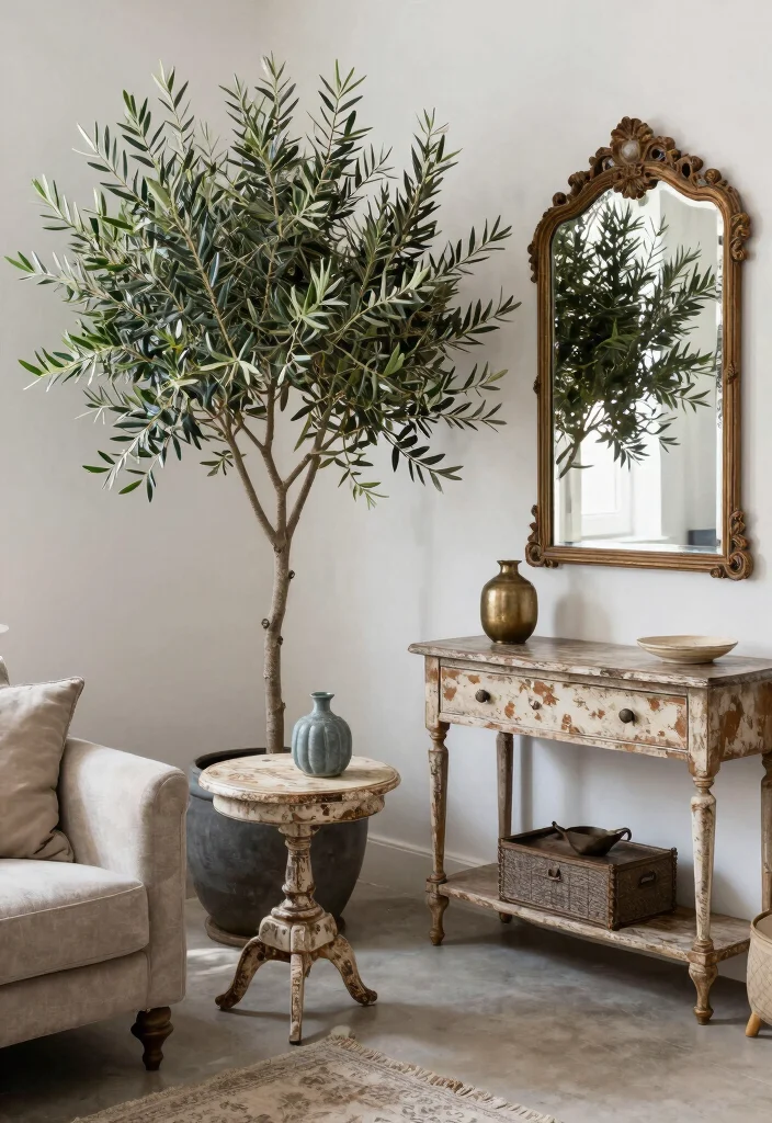 15 Olive Tree Living Room Decor Ideas: Calm Mediterranean Touch - 13. Pair with Antique Finds 1