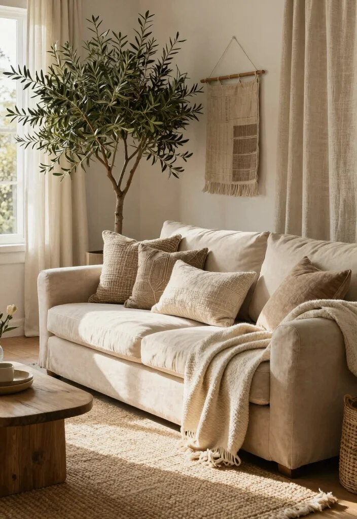 15 Olive Tree Living Room Decor Ideas: Calm Mediterranean Touch - 4. Layer with Textiles 1