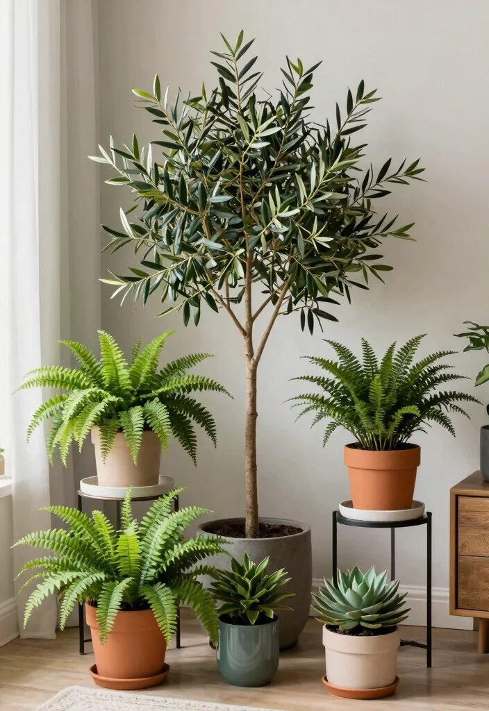 15 Olive Tree Living Room Decor Ideas: Calm Mediterranean Touch - 5. Feature in a Grouping 1