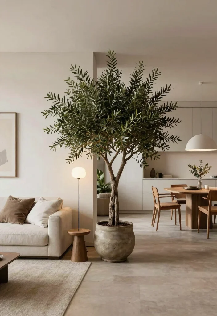 15 Olive Tree Living Room Decor Ideas: Calm Mediterranean Touch - 6. Use as a Natural Divider 1