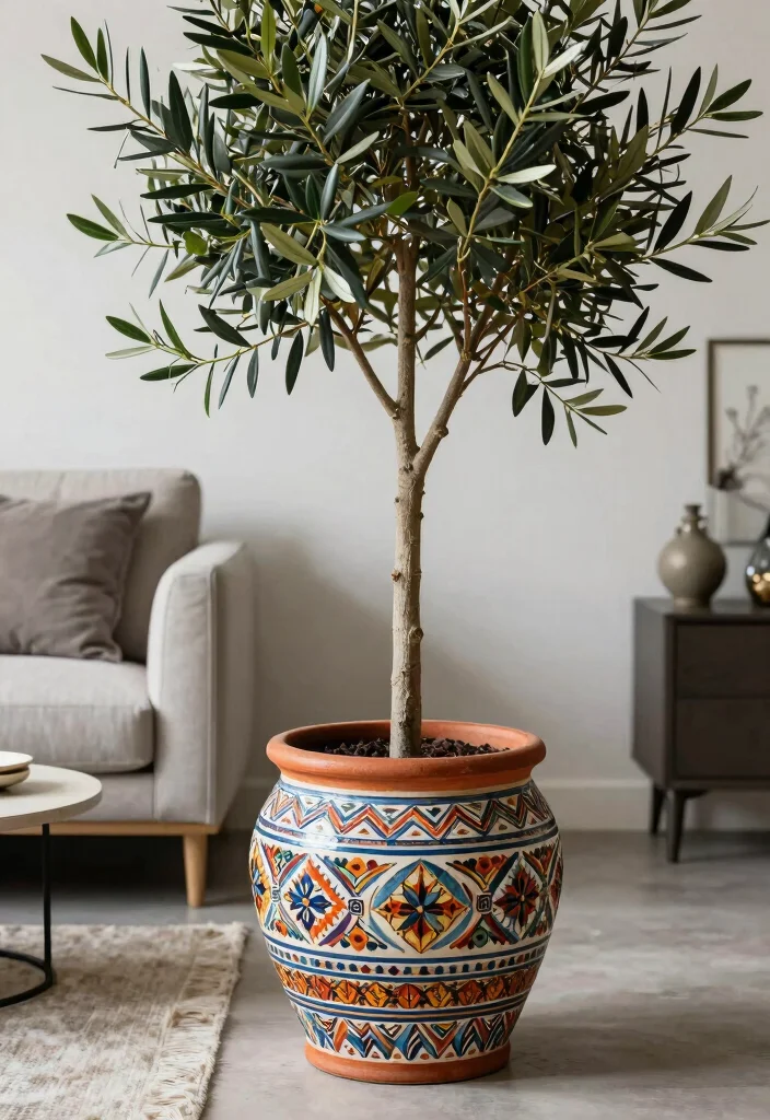 15 Olive Tree Living Room Decor Ideas: Calm Mediterranean Touch - 8. Go for Statement Pottery 1