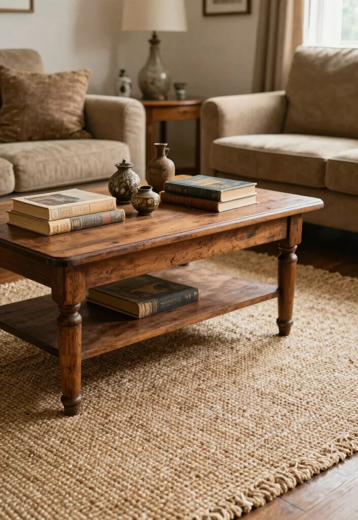 15 Sisal Rug Living Room Ideas: Natural Textured Warmth - 7. Vintage Accents 1