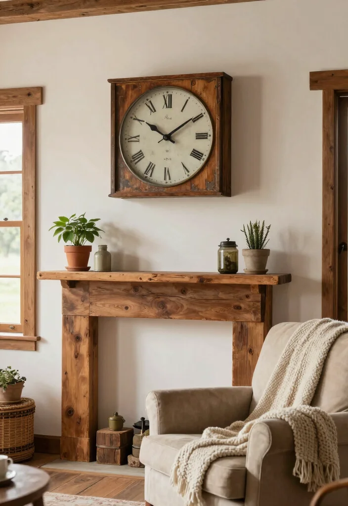 15 Wall Clock Decor Living Room Ideas Functional Style - 3. Rustic Farmhouse Style Clock 1