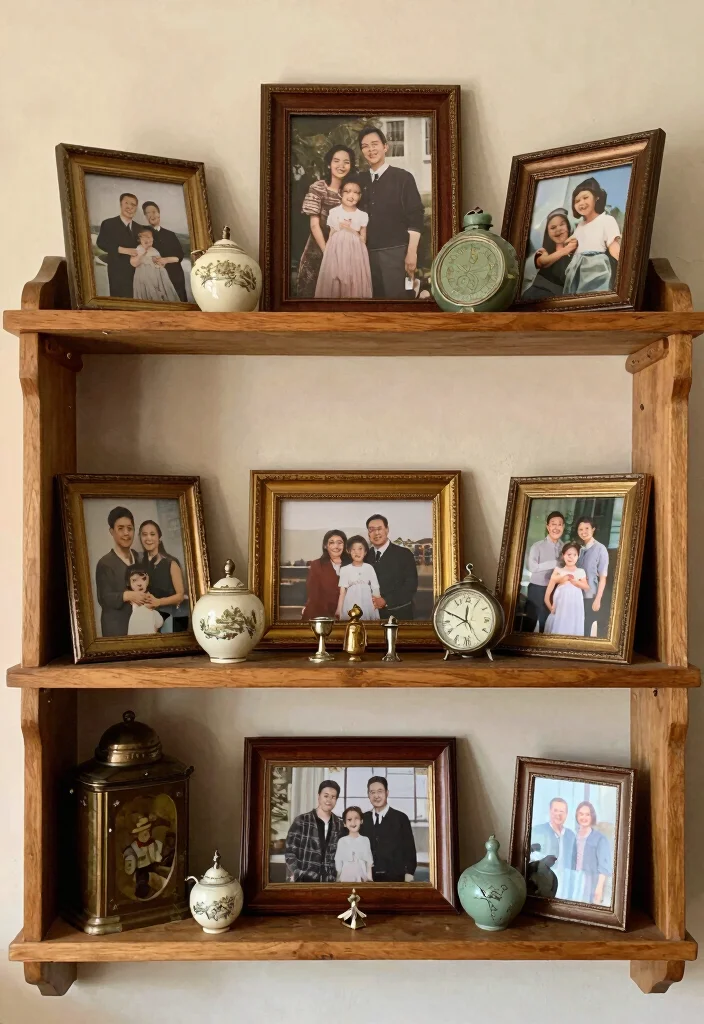 15 Wood Shelf Decor Living Room Ideas for Natural Simple Styling - 10. Highlight Family Treasures 1