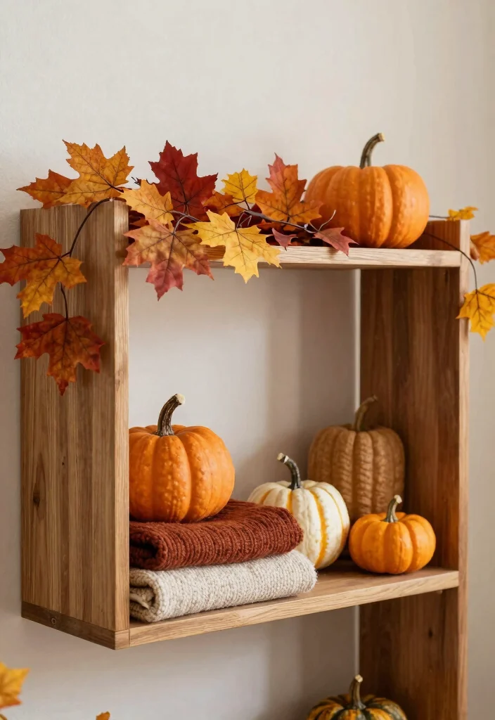 15 Wood Shelf Decor Living Room Ideas for Natural Simple Styling - 11. Seasonal Decor Swaps 1