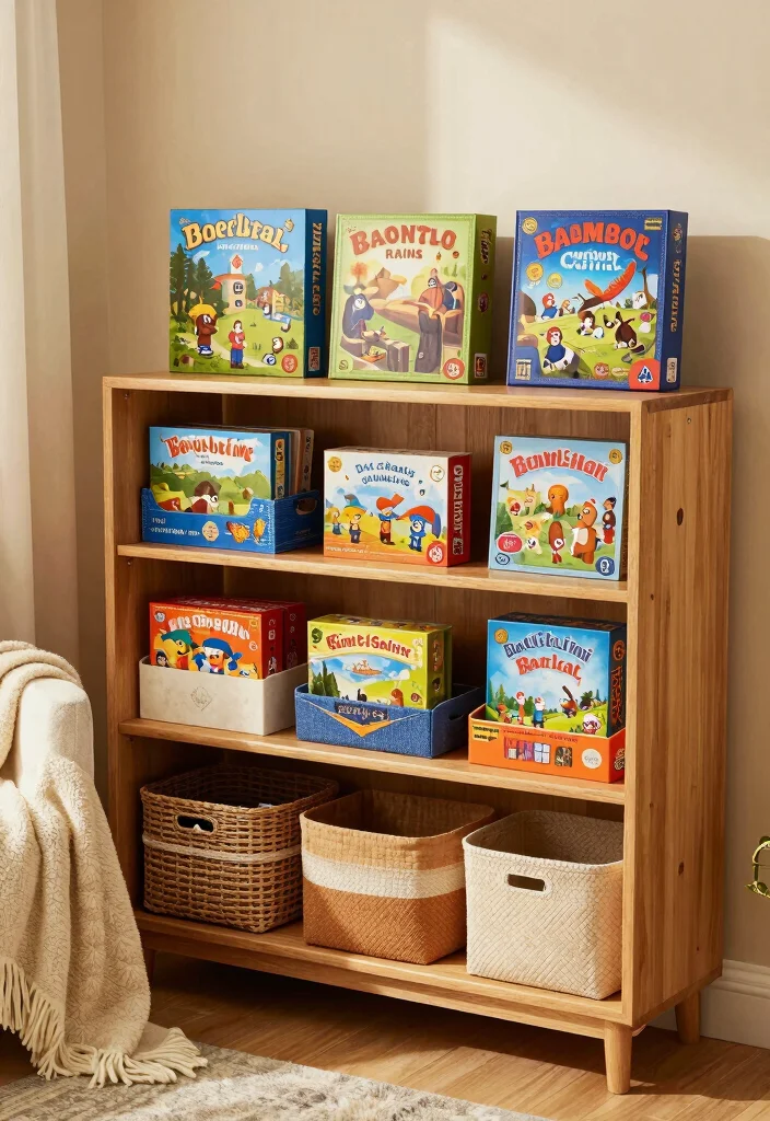 15 Wood Shelf Decor Living Room Ideas for Natural Simple Styling - 14. Family Game Night Inspiration 1