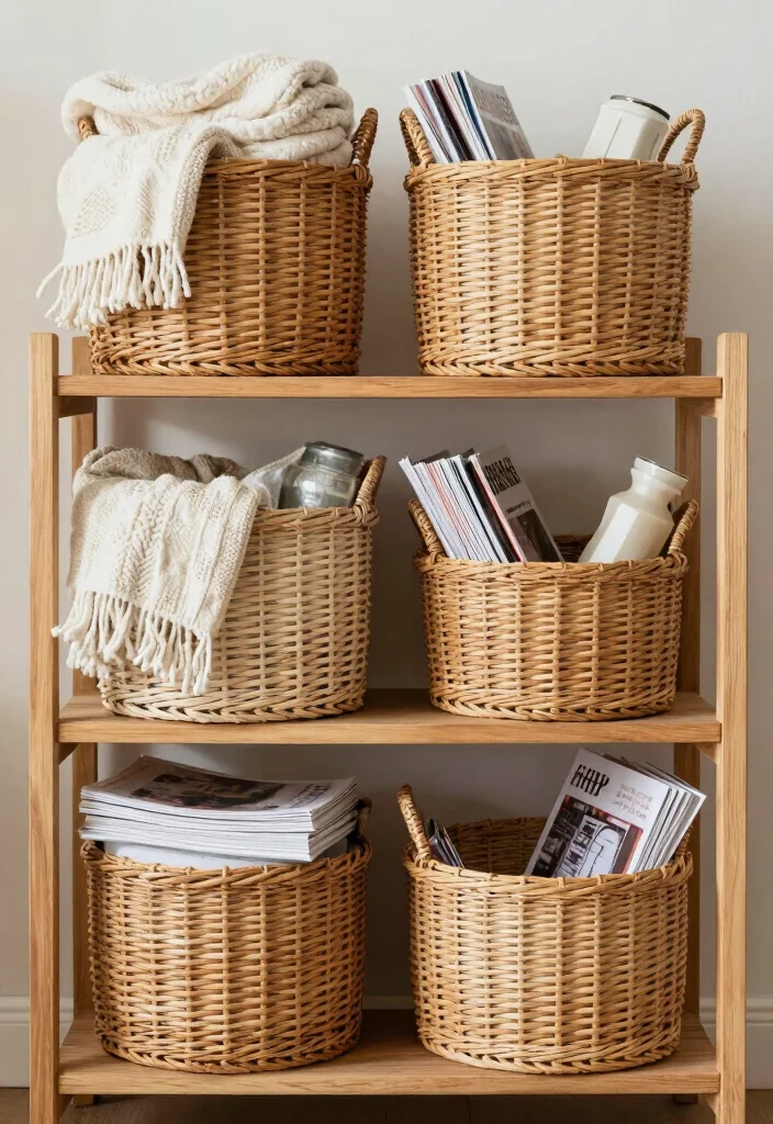 15 Wood Shelf Decor Living Room Ideas for Natural Simple Styling - 8. Use Decorative Bins and Baskets 1