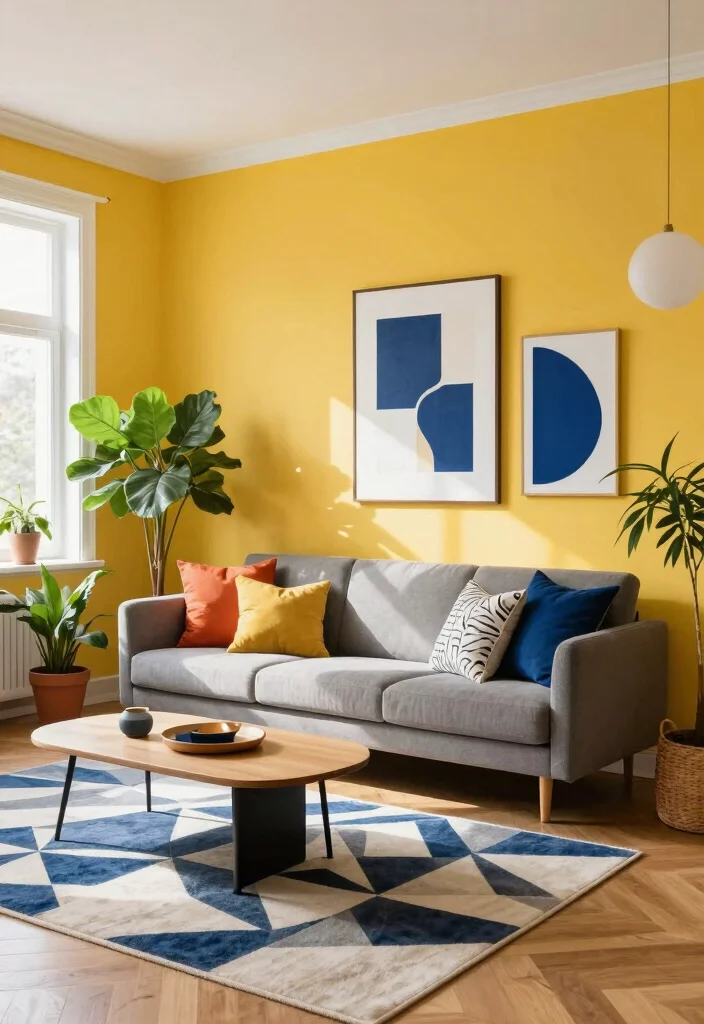 15 Yellow Accent Wall Living Room Ideas: Cheerful Warm Pop - 1. Bold Geometric Patterns 1