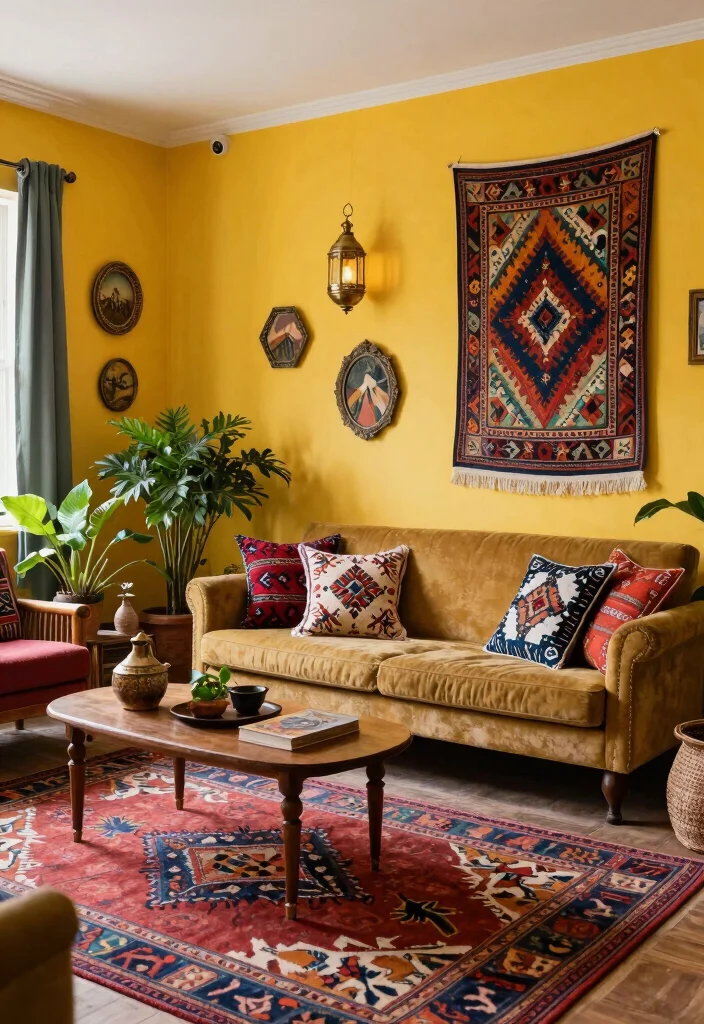 15 Yellow Accent Wall Living Room Ideas: Cheerful Warm Pop - 10. Eclectic Global Fusion 1