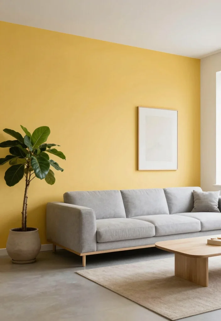 15 Yellow Accent Wall Living Room Ideas: Cheerful Warm Pop - 11. Minimalist Elegance 1