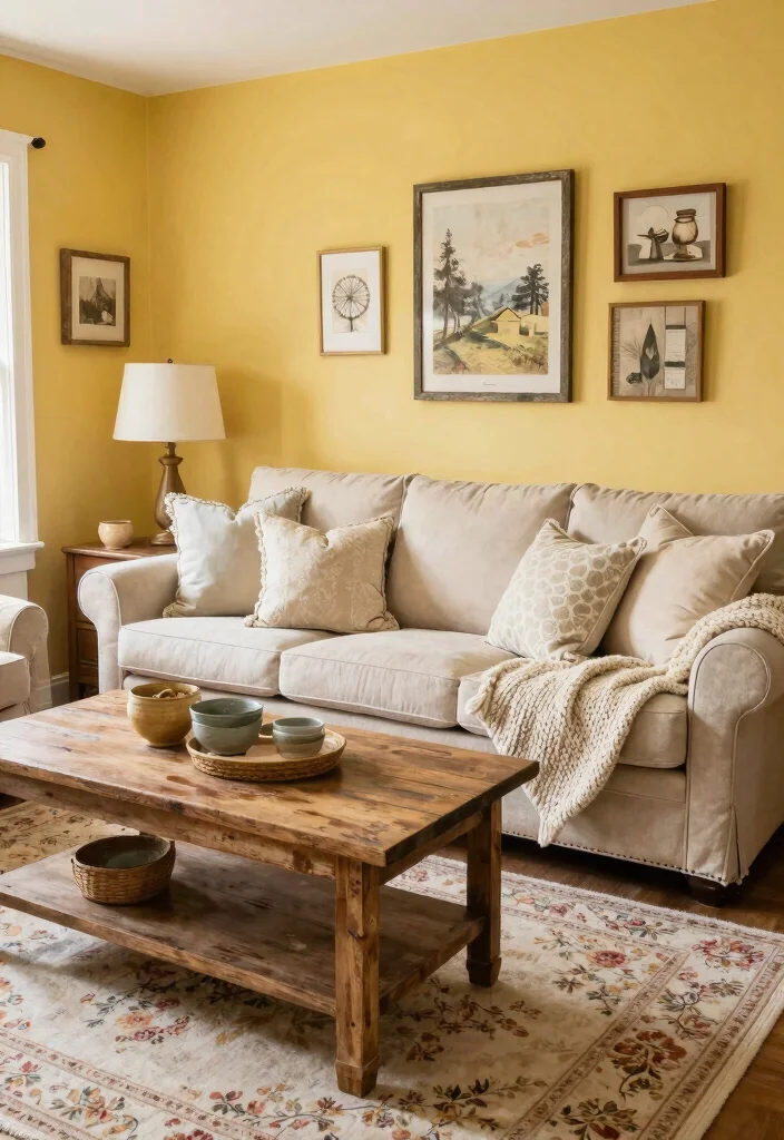 15 Yellow Accent Wall Living Room Ideas: Cheerful Warm Pop - 12. Farmhouse Charm 1