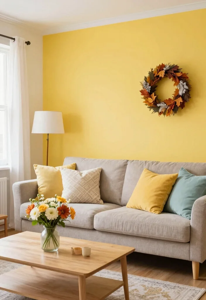 15 Yellow Accent Wall Living Room Ideas: Cheerful Warm Pop - 15. Seasonal Decor Flare 1
