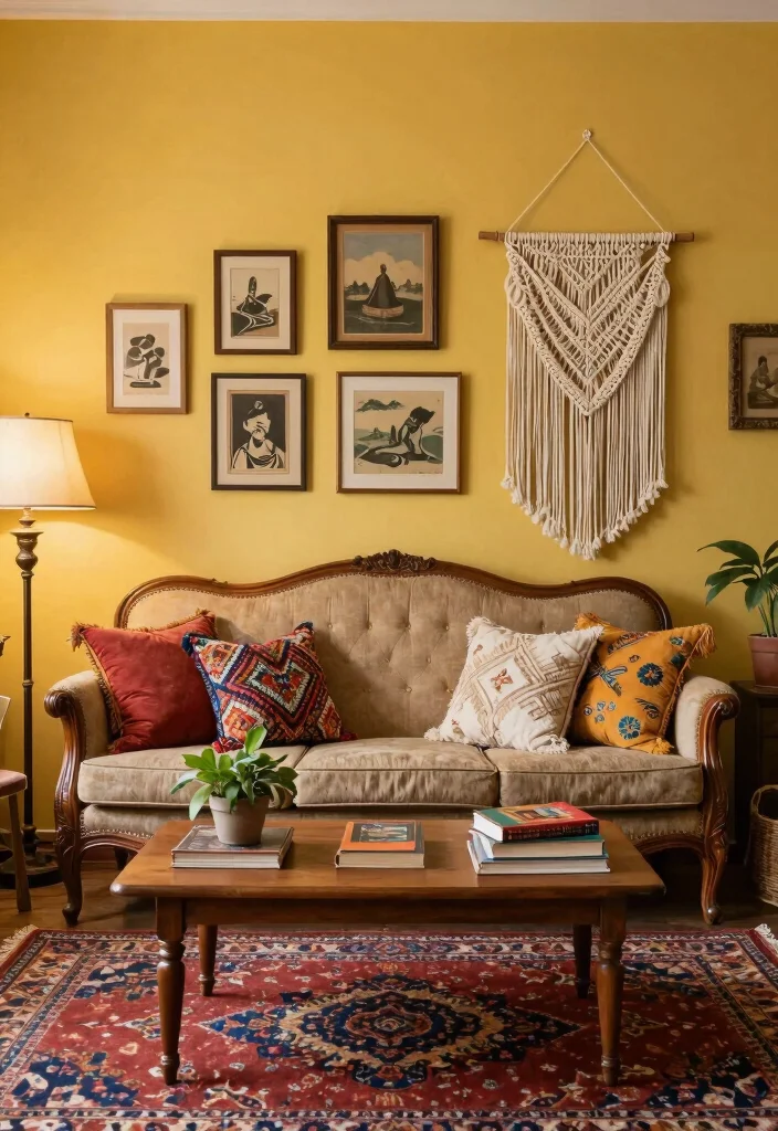 15 Yellow Accent Wall Living Room Ideas: Cheerful Warm Pop - 2. Vintage Bohemian Chic 1
