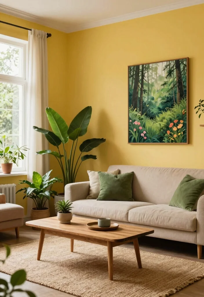 15 Yellow Accent Wall Living Room Ideas: Cheerful Warm Pop - 3. Nature-Inspired Touches 1