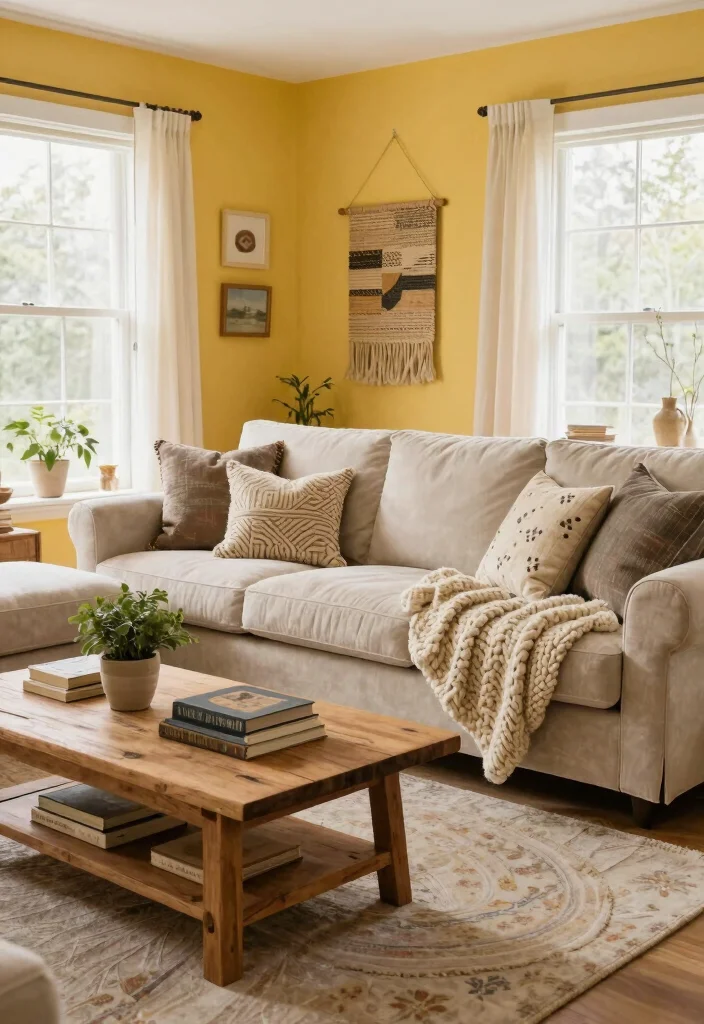 15 Yellow Accent Wall Living Room Ideas: Cheerful Warm Pop - 5. Cozy Textured Layers 1