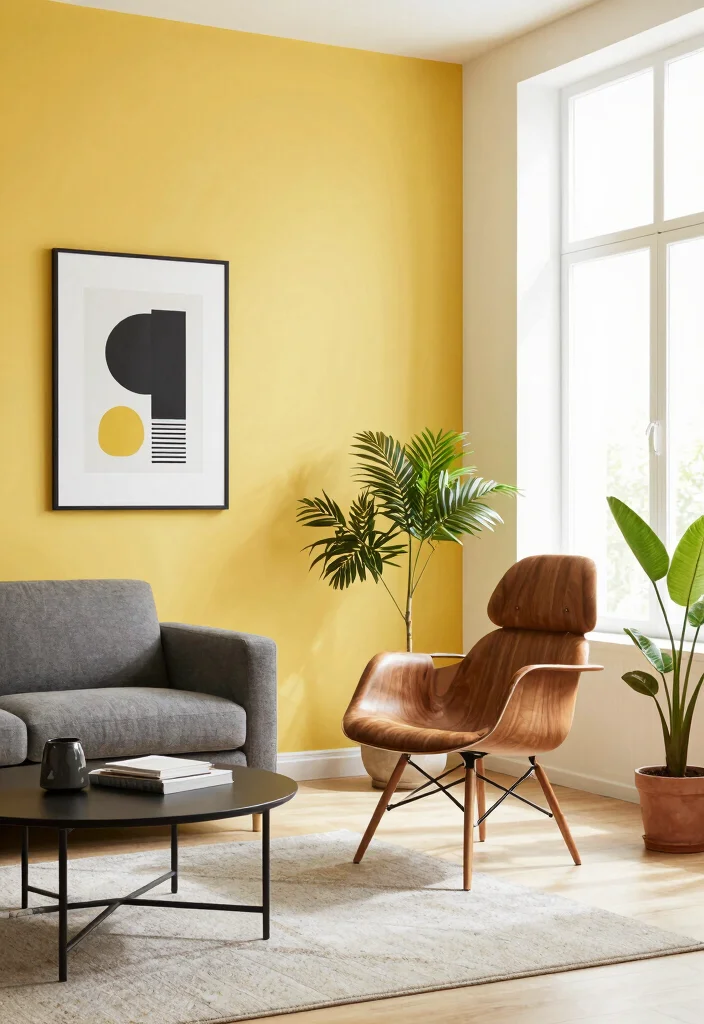 15 Yellow Accent Wall Living Room Ideas: Cheerful Warm Pop - 6. Mid-Century Modern Vibes 1