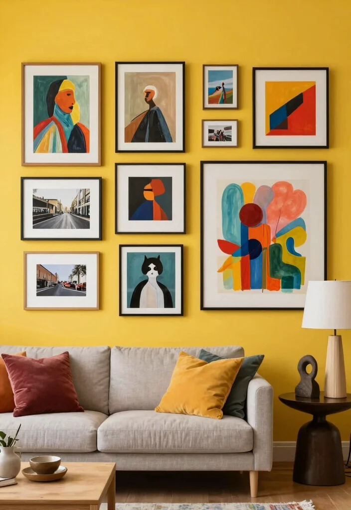 15 Yellow Accent Wall Living Room Ideas: Cheerful Warm Pop - 7. Artistic Expressions 1