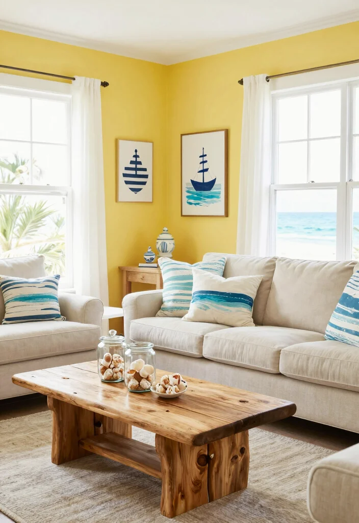 15 Yellow Accent Wall Living Room Ideas: Cheerful Warm Pop - 9. Playful Coastal Themes 1