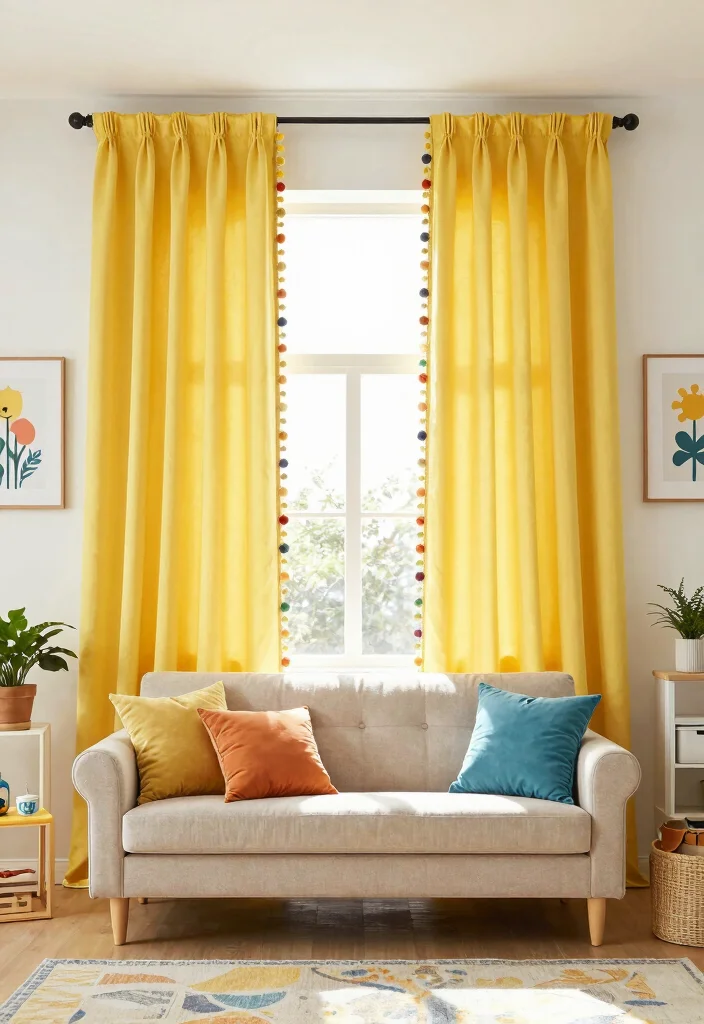 16 Beautiful Curtains Living Room Ideas: Stylish Soft Layers - 11. Playful Pom-Poms 1