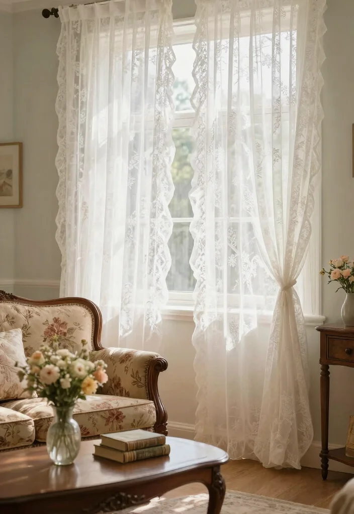 16 Beautiful Curtains Living Room Ideas: Stylish Soft Layers - 12. Vintage Lace 1