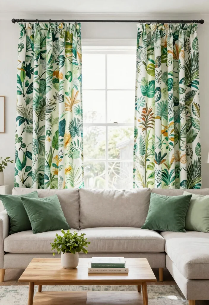 16 Beautiful Curtains Living Room Ideas: Stylish Soft Layers - 4. Botanical Prints 1