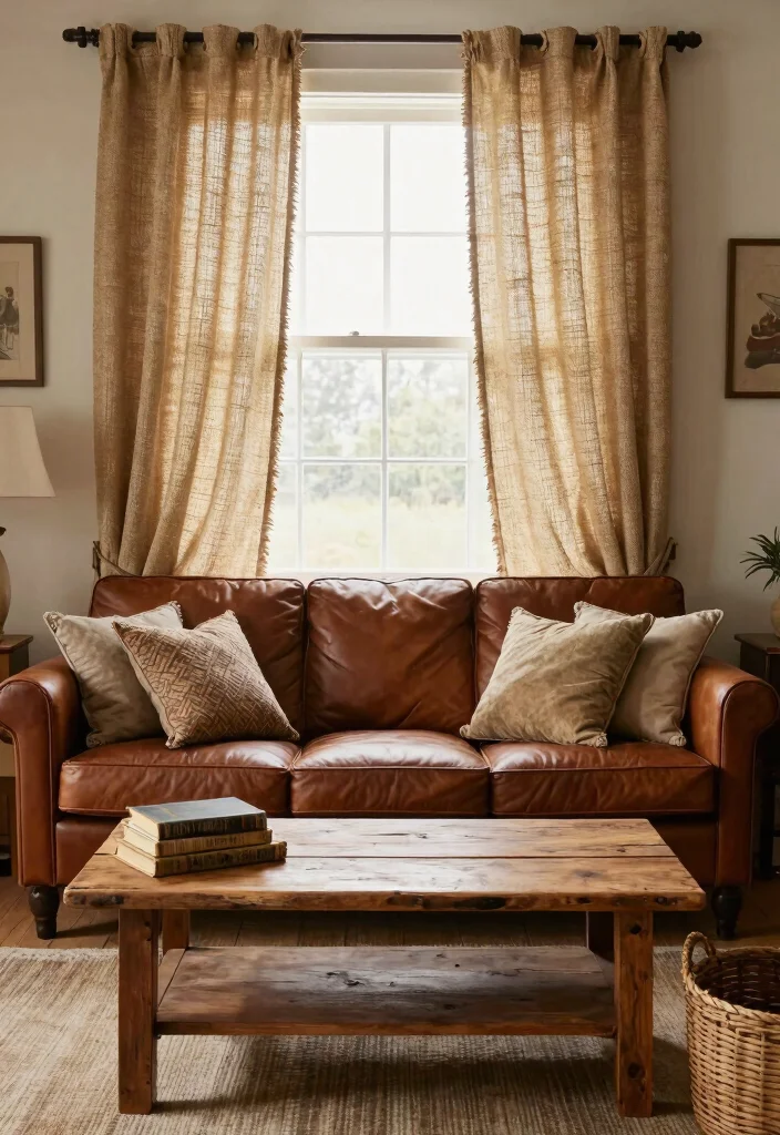 16 Beautiful Curtains Living Room Ideas: Stylish Soft Layers - 6. Rustic Charm with Burlap 1