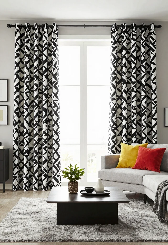 16 Beautiful Curtains Living Room Ideas: Stylish Soft Layers - 7. Bold Geometric Patterns 1