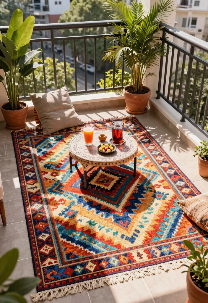 16 Bedroom Balcony Second Story Ideas: Bright Private Escape - 7. An Outdoor Rug for Comfort Underfoot 1