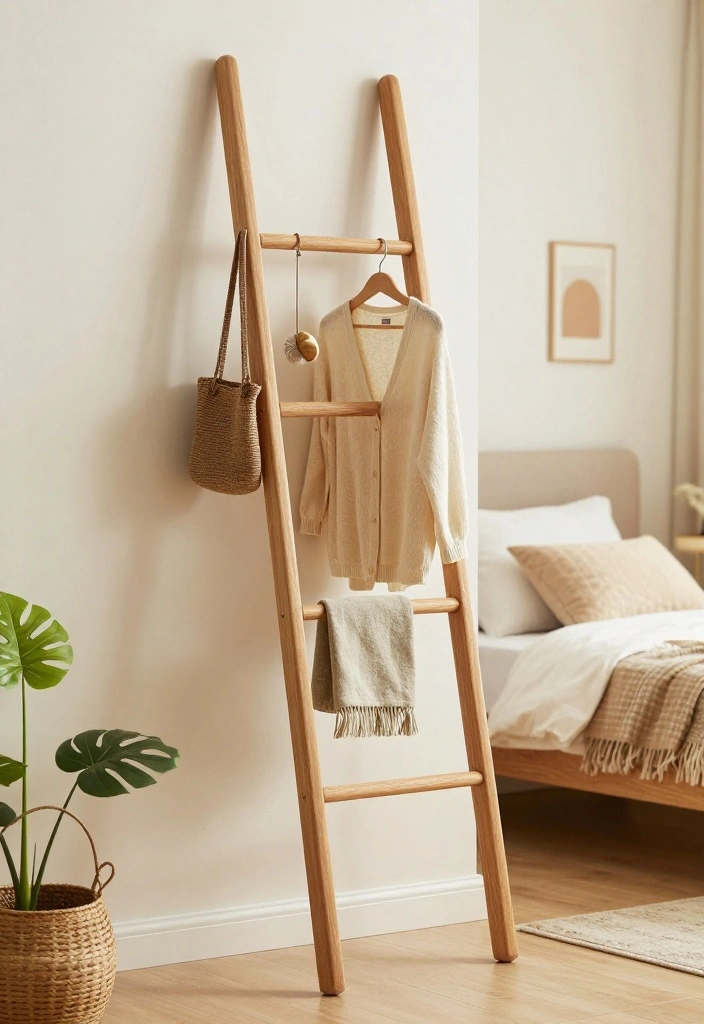 16 Bedroom Into Closet Ideas: Clever Space Transformations - 10. Use a Ladder for Hanging Clothes 1