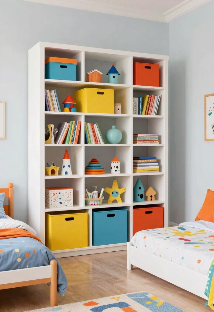 16 Bedroom With Two Beds Ideas: Shared Practical Comfort - 14. Open Shelving for Display 1