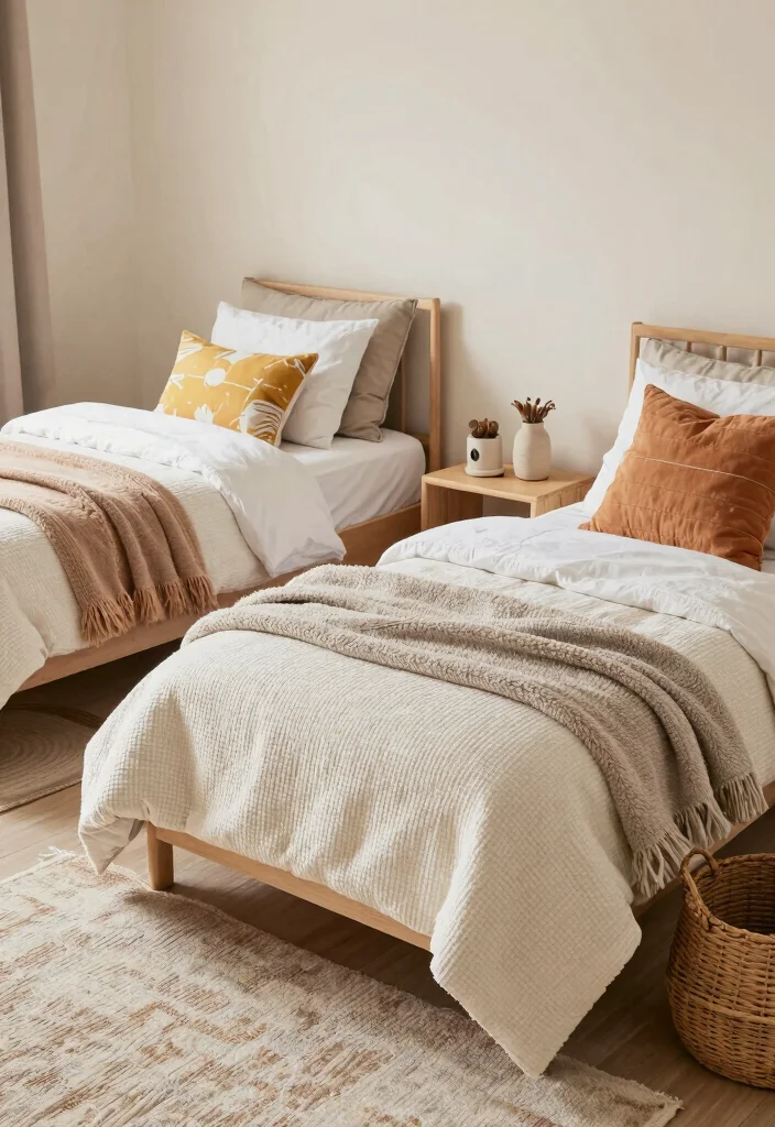16 Bedroom With Two Beds Ideas: Shared Practical Comfort - 15. Textured Bedding and Accessories 1