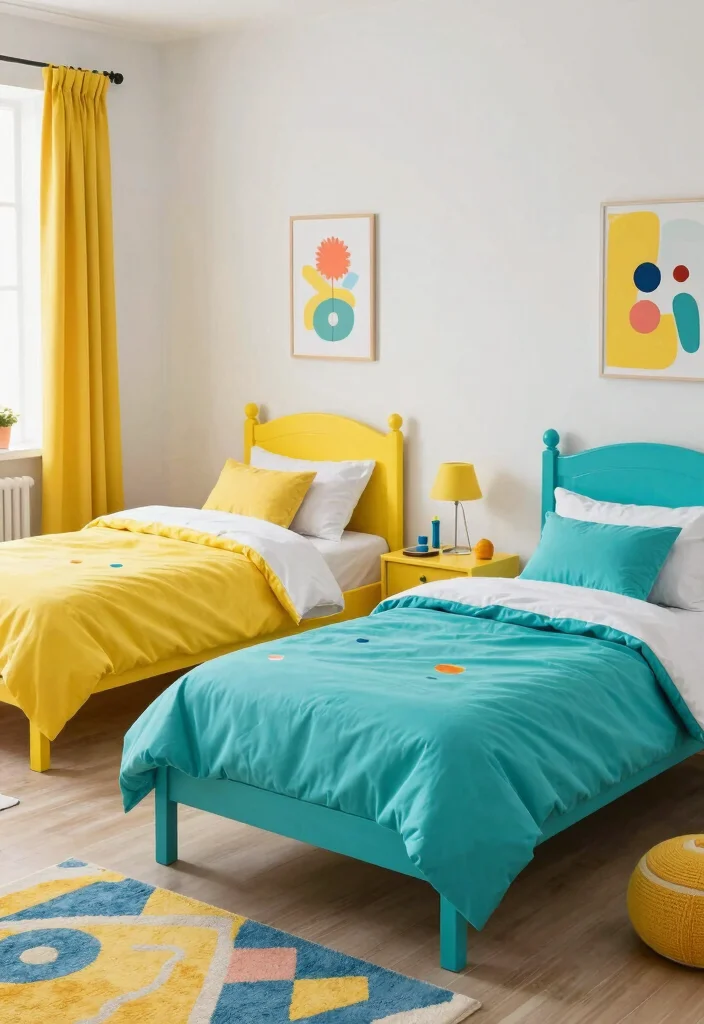 16 Bedroom With Two Beds Ideas: Shared Practical Comfort - 3. Colorful DIY Beds 1
